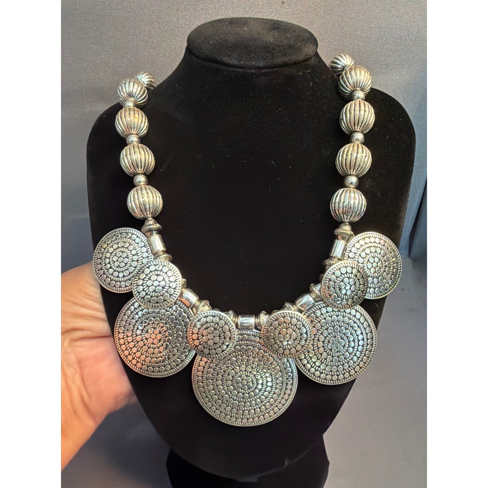 Bohemian Silver Tone Textured Medallion Bib Statement Necklace Ribbed Beads